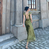 Turquoise V-Necked Back-Sin-Faced Jab Dress Dress Women's Summer Harvest Waist Thin Dress Dress Seaside Beach HZ0628