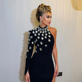 Design Sense One-Shoulder Long-Sleeved Banded Skirt Light Luxury Water Drill Sexy Open Party Dress Dress Dress