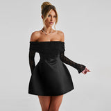 Autumn 2025 New Ass Skirt Small Fragrant Temperament Sexy Shoulder Lace Dress DJPT