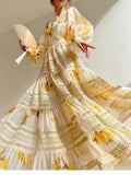 Niche 2024 Spring New Round-Neck Lantern Sleeve Top With Rubber Ribs Waist Dress Printed Fashion Set
