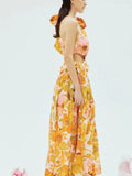 Summer New Shoulderless Sleeveless Bow Tie Ting Waist Layered Print Long Dress Woman