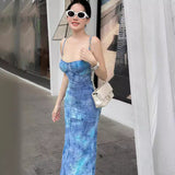 Wind Rag Dye Sling Dress Woman Picts Print National Style Long Dress XY24037DGG DJPT