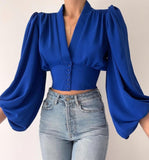 Explosion Spring New Temperament Button V Collar Lantern Sleeve T-Shirt DJPT