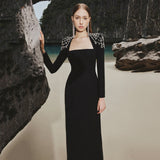 Temperament Square Collared Diamond With Long Sleeve Banded Dress Dress For Party Dinner
