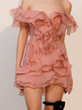 Dress Women 2025 Summer New Word Shoulder Lotus Side Splicing Clear Croover Design Design Skirt
