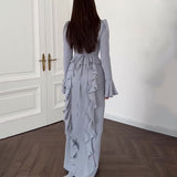 Summer New Splicing Lace Solid-Colored Collar Repair Horn Sleeve Long Skirt