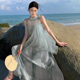 New Temperament Hanging Neck Dye Chiffon Skirt Fake Two Holiday Dress Summer