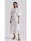 Australian Round Neck Lantern Sleeve Short Sleeve Water-Soluble Lace Splicing Holiday Style Temperament White Dress Dress
