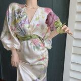 New French Waist-Covered Stamped Temperament Dress Long Sleeve V-Neck Spring Dress Women's Holiday Oil Painting Long Dress