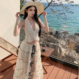 Holiday Style V-Neck Hanging Neck Top Skirt Half Dress Two Sets Of Women's Summer Beach Beach Skirt
