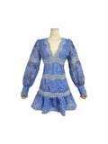 Autumn New V-Neck Lantern Sleeve Splicing Hollow Design Short Dress Woman