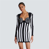Stylish Black-And-White Striped Long-Sleeved Bag With A Bandage Dress With Elegant Party Dress