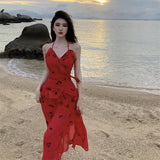 Dress Red Long V-Neck Hanging Neck Sling Dress Female Summer French Temperament Party Dress