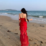 Sexy Pure Lust Wind Heavy Industry Lotus Side Drag Tail Irregular Braid Dress Holiday Red Chiffon Dress