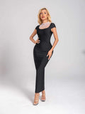 New Hot Solid Color Back Hollow Pearl Bandape Skirt Fashion Temperament Elegant Evening Dress