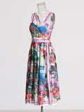 Beach Mid-Wind Dress 2025 New Suspension Fish Bones Stitched Mid-Rise Personality Graffiti Printed Dress Woman
