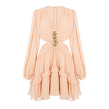 South Oil Flower Diamond Luo Waist Deep V Dress Gentle Flowing Short Dress 2024 New