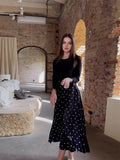 2024 New Long-Sleeved Wave Dot Round Neck Dress Waist Temperament Dress Female