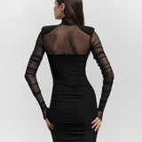 Women's Mesh Splicing Set Of Finger Long Sleeves High-Necked Ass Long Skirt DJPT