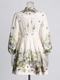 Famous Elegant Temperament Wind Dress 2025 Spring New V Collar Lantern Sleeve Print Single Buckle Skirt Woman