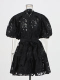 Round-Neck Dress 2025 New T-Bubble Sleeve Single-Button Vacation Leisure Belt With Sling Dress