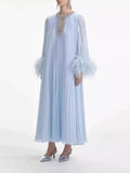 2025 Cuffed Ostrich Hair Decoration Dress Neck Collared Diamond Dress