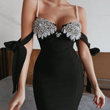 Industry Nail Pearl Suspension Tender Temperament Dress Sexy Elegant Party Tight Medium Dress