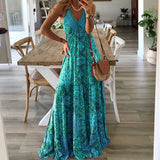 2025 Bohemian New Sling Dress High-Waist V-Neck Print Floral Dress Women's Dress DJPT