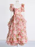 Court Style 2025 Summer New Square Slings Oversized Skirts Tail Lotus Leaf-Side Printed Dress Woman