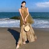 New Temperament Hanging Neck Dye Chiffon Skirt Fake Two Holiday Dress Summer