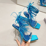 2025 New Catwalk Square Women's Shoes Water Drill Feathers With Summer High-Heeled Sandals Women High Quality Shoes