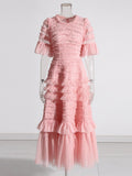 Elegant Dress 2025 Spring New Round Neck Pressure Folding Mesh Splicing Wave Point Cake Skirt
