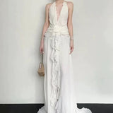 Sleeveless V-Necked Neck Dress With Wooden Ears Exposed Back Long Dress Beach Beach Seaside Holiday Dress