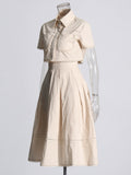 Lace Embroidery Set 2025 Spring New Collar Short-Sleeved Shirt High-Waist Long Dress Solid Color Woman