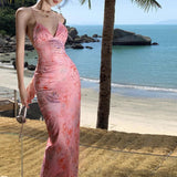 Girl Sexy Temperament Butterfly Sling Dress Fashionable Holiday Style Splicing Big Bare Back Hanging Neck V Collar Bag Buttice Skirt
