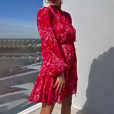 V-Neck Print Lantern Sleeve Chiffon High-Waisted Dress In Autumn 2024