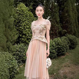 2025 Embroidery Three-Dimensional Flower Nail Bead Splicing Mesh Dress With Chest And Fake Two Midskirts