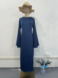 2024 New Waist-Skinny Trumpet Sleeve Solid Color Temperament Dress Woman