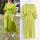 Fashion Elegant Hanging Dress 2025 Summer New Round Neck Sleeves Waist Design Smooth Dress Dress Woman