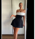 Spring And Summer Shoulder Black And White Bump Color Waist A Pendulum Design Bow Dress LX0114