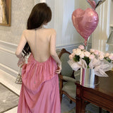 Bare Back Hanging Neck Sling Dress Women's Spring Summer Tea Break French Sexy Travel Holiday Dress
