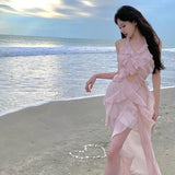 Super Fairy Lotus Side Seaside Holiday Dress Pure Sexy Hanging Back Open Fork Dress Female Dress