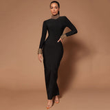 Fashion Diamond-Studded Nail-Peared Long-Sleeved Banded Dress Sexy Dew Party Party Dress Dress