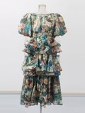 Retro Idyllic Cake Dress 2025 Summer New Multi-Layer Lotus Leaf Side Bubble Sleeve Print Dress Dress Woman