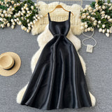 A line Straps Black Satin Holiday Dresses Midi Length Women's Dress SD1272