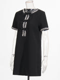 Diamond Drill Skirt 2025 Summer New Round Neck Short Sleeves Solid Color Waist Dress Dress Woman