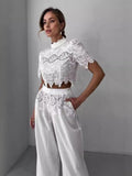 Collar Short-Sleeved Lace Top + Tight Waist Tie With Lace Spliced Wide Leg Trousers Set Woman