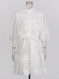 Luxury Wind Hollow Lace Splicing 2025 Summer New Lantern Sleeve Buckle Long Solid Female Dress