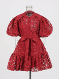 Round-Neck Dress 2025 New T-Bubble Sleeve Single-Button Vacation Leisure Belt With Sling Dress