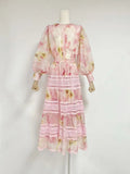 Niche 2024 Spring New Round-Neck Lantern Sleeve Top With Rubber Ribs Waist Dress Printed Fashion Set